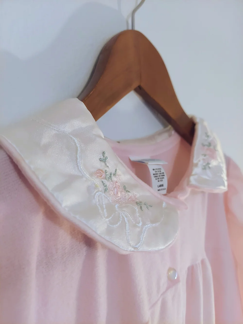 VTG Womens Merville Pink Long-Sleeve Nightgown Peter Pan Floral Collar Size L
